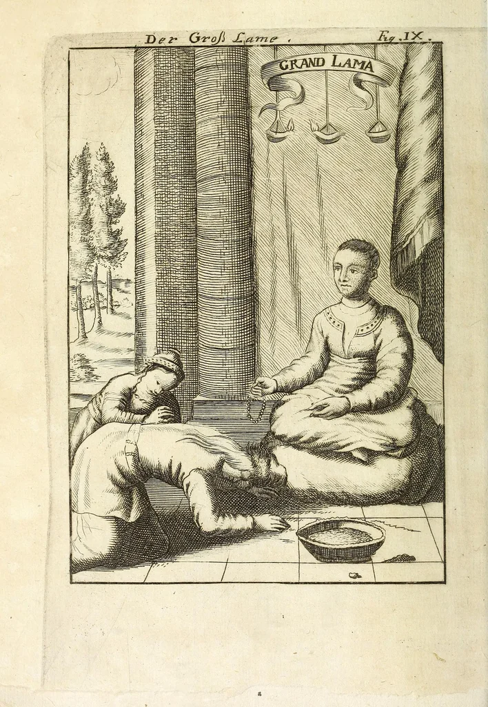 An illustration from Description de l'univers : contenant les differents systemes du monde, les cartes generales & particulieres de la geographie ancienne & moderne, les plans & les profils des principales villes & des autres lieux plus considerables de la Terre : avec les portraits des souverains qui y commandent, leurs blasons, titres & livrées : et les moeurs, religions, gouvernemens & divers habillemens de chaque nation, 1685, leaf 38