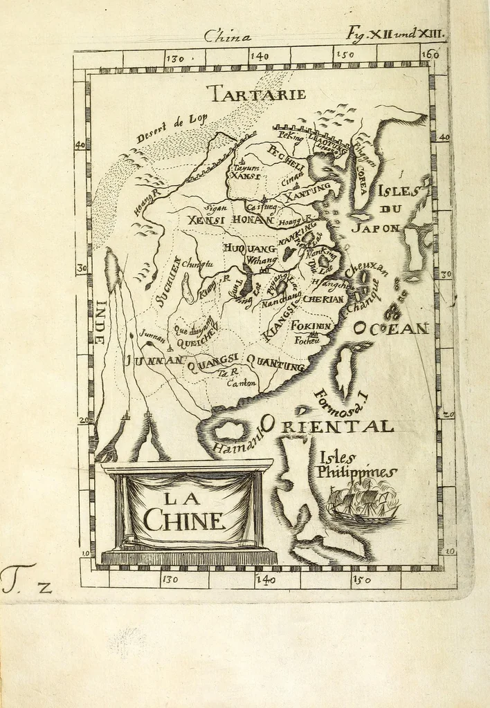 An illustration from Description de l'univers : contenant les differents systemes du monde, les cartes generales & particulieres de la geographie ancienne & moderne, les plans & les profils des principales villes & des autres lieux plus considerables de la Terre : avec les portraits des souverains qui y commandent, leurs blasons, titres & livrées : et les moeurs, religions, gouvernemens & divers habillemens de chaque nation, 1685, leaf 48