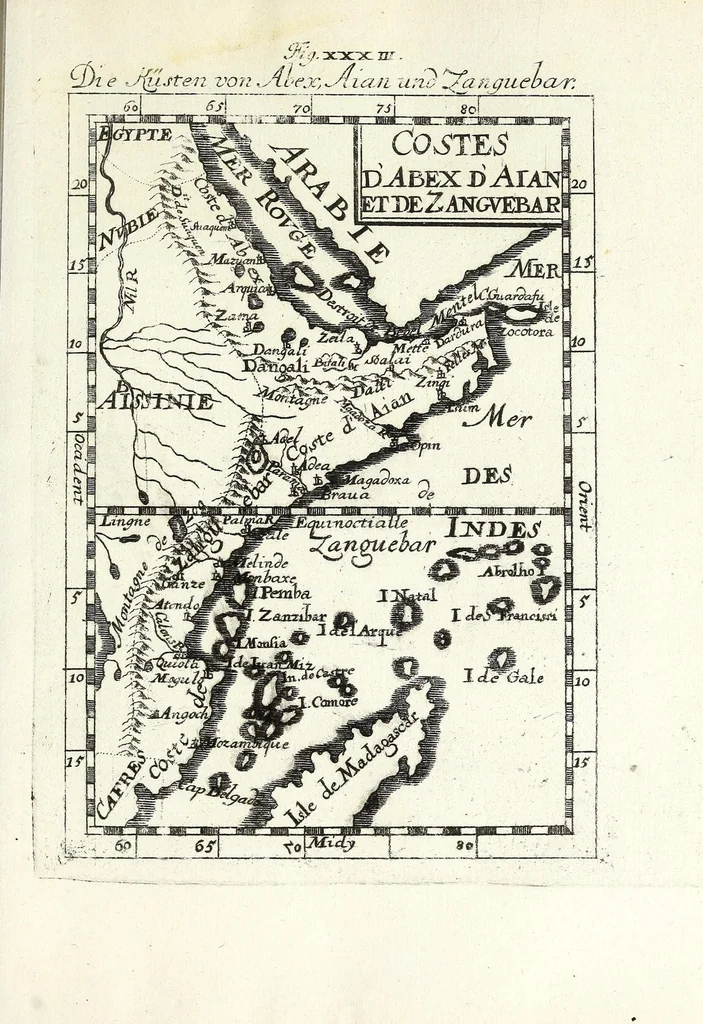 An illustration from Description de l'univers : contenant les differents systemes du monde, les cartes generales & particulieres de la geographie ancienne & moderne, les plans & les profils des principales villes & des autres lieux plus considerables de la Terre : avec les portraits des souverains qui y commandent, leurs blasons, titres & livrées : et les moeurs, religions, gouvernemens & divers habillemens de chaque nation, 1685, leaf 121