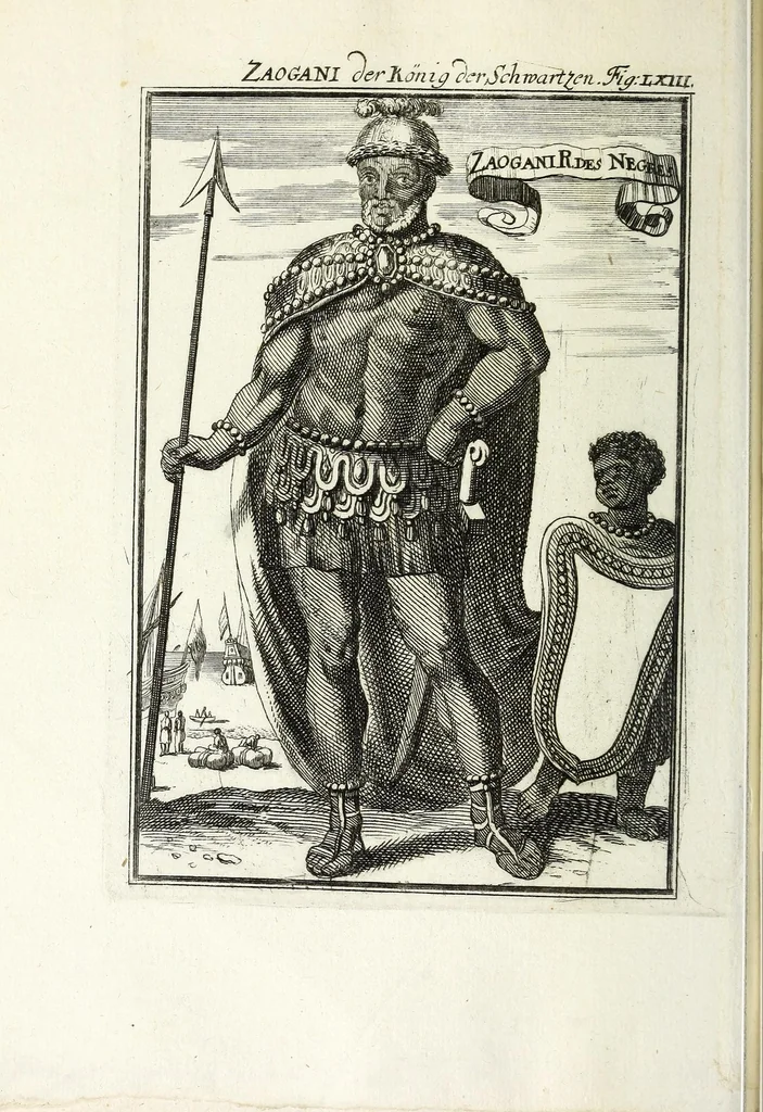An illustration from Description de l'univers : contenant les differents systemes du monde, les cartes generales & particulieres de la geographie ancienne & moderne, les plans & les profils des principales villes & des autres lieux plus considerables de la Terre : avec les portraits des souverains qui y commandent, leurs blasons, titres & livrées : et les moeurs, religions, gouvernemens & divers habillemens de chaque nation, 1685, leaf 220