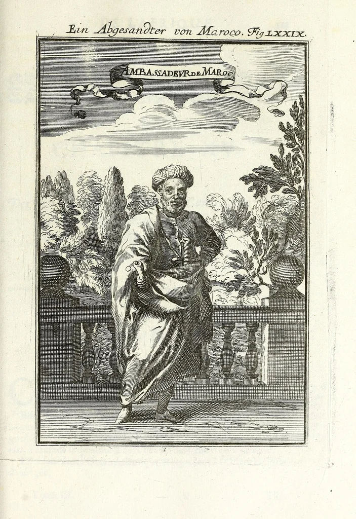 An illustration from Description de l'univers : contenant les differents systemes du monde, les cartes generales & particulieres de la geographie ancienne & moderne, les plans & les profils des principales villes & des autres lieux plus considerables de la Terre : avec les portraits des souverains qui y commandent, leurs blasons, titres & livrées : et les moeurs, religions, gouvernemens & divers habillemens de chaque nation, 1685, leaf 265