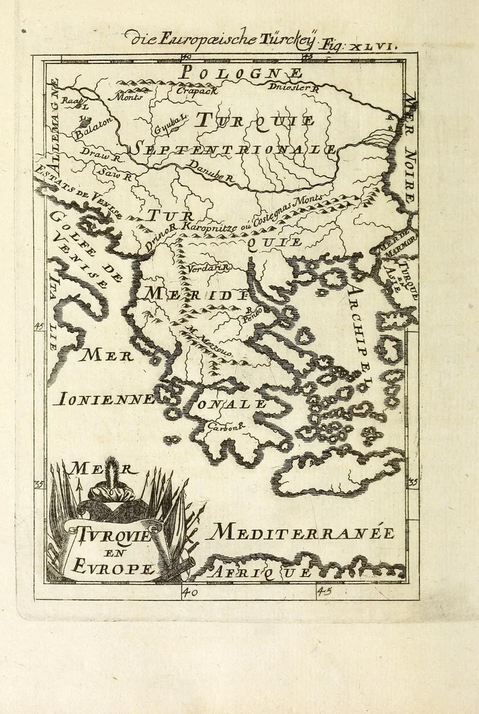 An illustration from Description de l'univers : contenant les differents systemes du monde, les cartes generales & particulieres de la geographie ancienne & moderne, les plans & les profils des principales villes & des autres lieux plus considerables de la Terre : avec les portraits des souverains qui y commandent, leurs blasons, titres & livrées : et les moeurs, religions, gouvernemens & divers habillemens de chaque nation, 1685, leaf 174