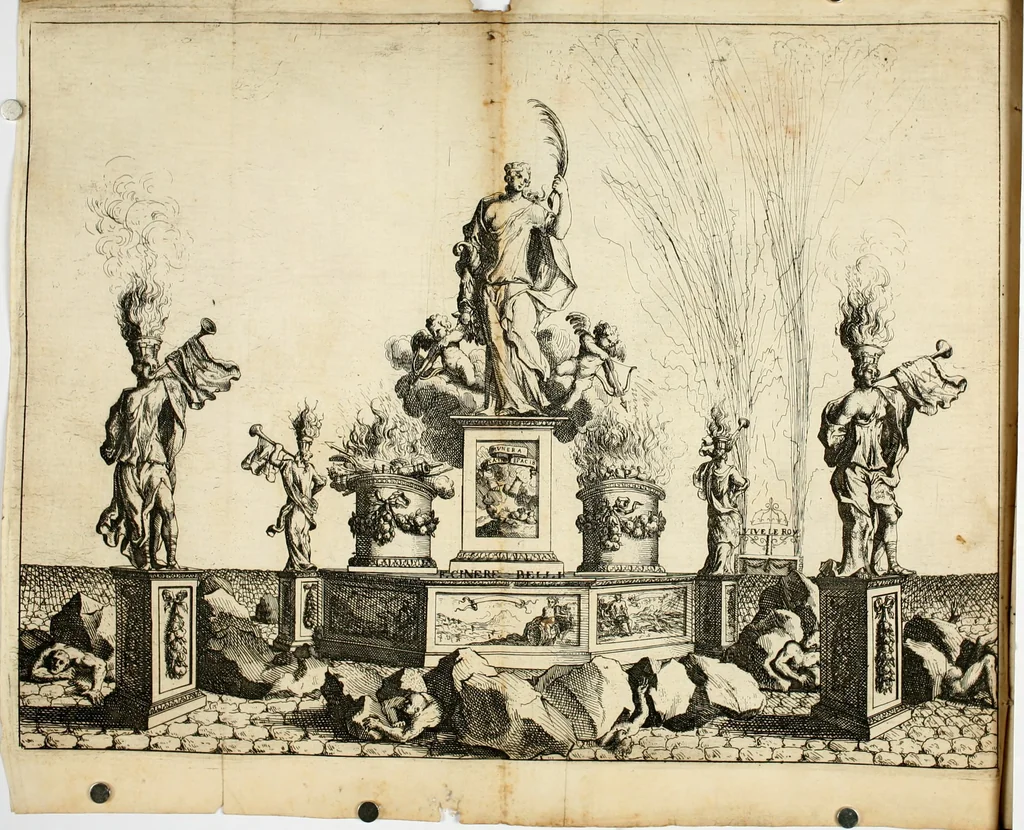 An illustration from Description des feux d'artifices faits a l'honneur du roy a Lille : par vn nouveau témoignage du zele de messieurs du Magistrat, ensuite de la venuë de Sa Majesté en cette ville, & de la rejouissance publique de la paix, l'an 1680, 1680, leaf 14