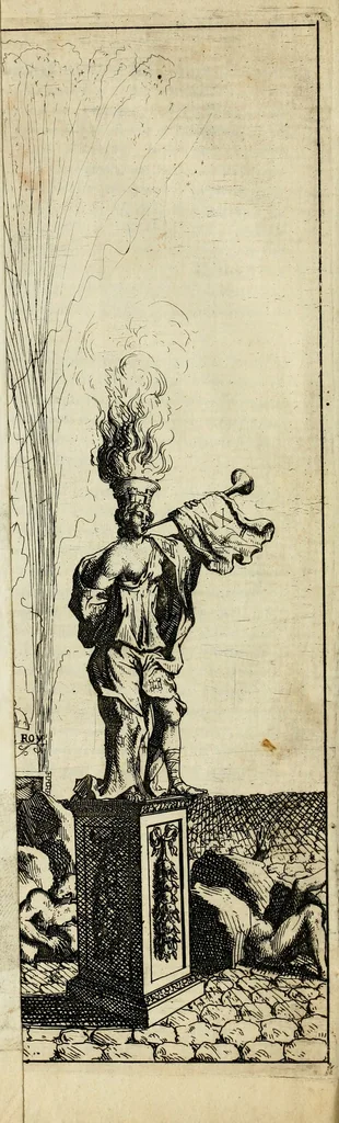 An illustration from Description des feux d'artifices faits a l'honneur du roy a Lille : par vn nouveau témoignage du zele de messieurs du Magistrat, ensuite de la venuë de Sa Majesté en cette ville, & de la rejouissance publique de la paix, l'an 1680, 1680, leaf 15