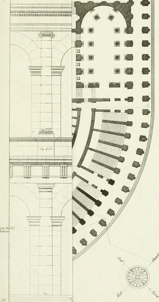 An illustration from Description du Théâtre de Marcellus, à Rome, rétabli dans son état primitif, daprès les vestiges qui en restent encore : mémoire joint aux plans, coupes, élévations et détails mesurés à Rome, addressés à lAcademie royale darchitecture de Paris, 1812, leaf 56