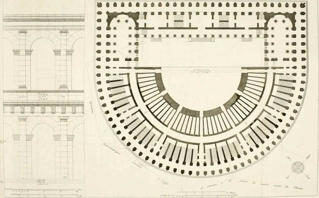 An illustration from Description du Théâtre de Marcellus, à Rome, rétabli dans son état primitif, daprès les vestiges qui en restent encore : mémoire joint aux plans, coupes, élévations et détails mesurés à Rome, addressés à lAcademie royale darchitecture de Paris, 1812, leaf 57