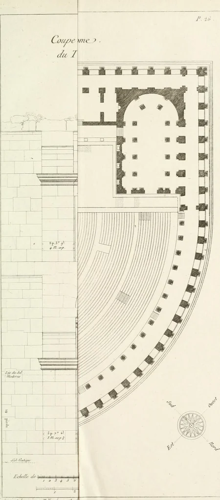 An illustration from Description du Théâtre de Marcellus, à Rome, rétabli dans son état primitif, daprès les vestiges qui en restent encore : mémoire joint aux plans, coupes, élévations et détails mesurés à Rome, addressés à lAcademie royale darchitecture de Paris, 1812, leaf 58