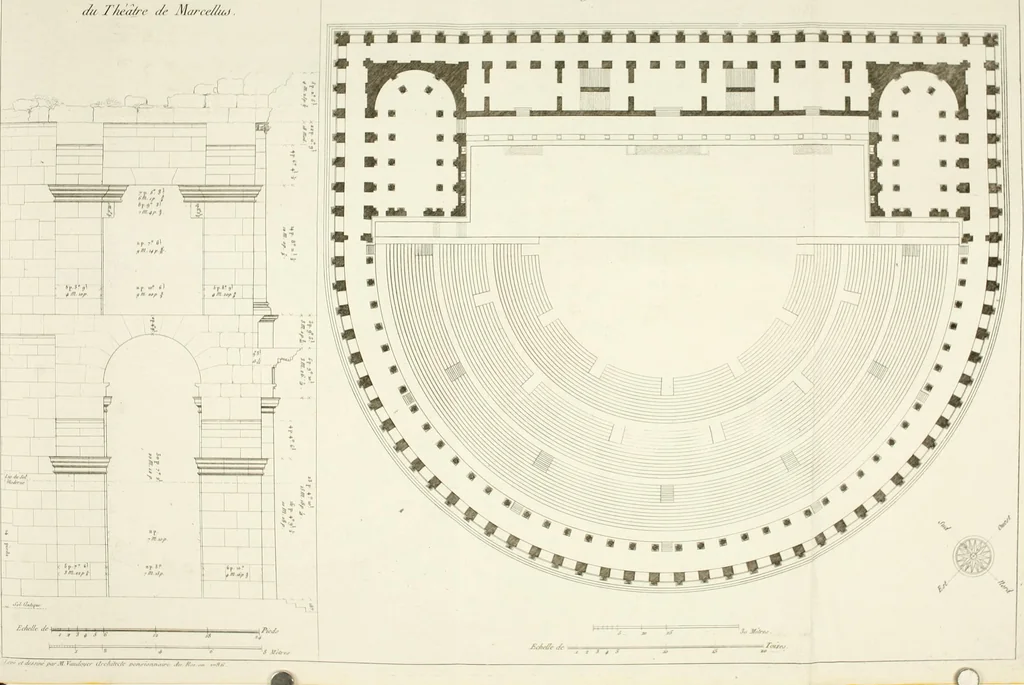 An illustration from Description du Théâtre de Marcellus, à Rome, rétabli dans son état primitif, daprès les vestiges qui en restent encore : mémoire joint aux plans, coupes, élévations et détails mesurés à Rome, addressés à lAcademie royale darchitecture de Paris, 1812, leaf 59