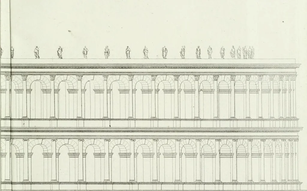 An illustration from Description du Théâtre de Marcellus, à Rome, rétabli dans son état primitif, daprès les vestiges qui en restent encore : mémoire joint aux plans, coupes, élévations et détails mesurés à Rome, addressés à lAcademie royale darchitecture de Paris, 1812, leaf 60