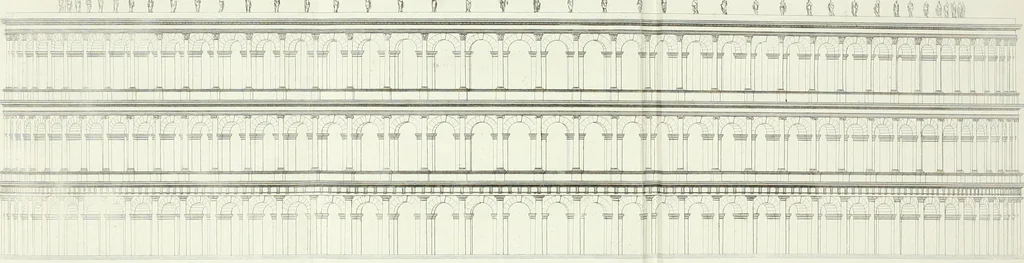 An illustration from Description du Théâtre de Marcellus, à Rome, rétabli dans son état primitif, daprès les vestiges qui en restent encore : mémoire joint aux plans, coupes, élévations et détails mesurés à Rome, addressés à lAcademie royale darchitecture de Paris, 1812, leaf 61