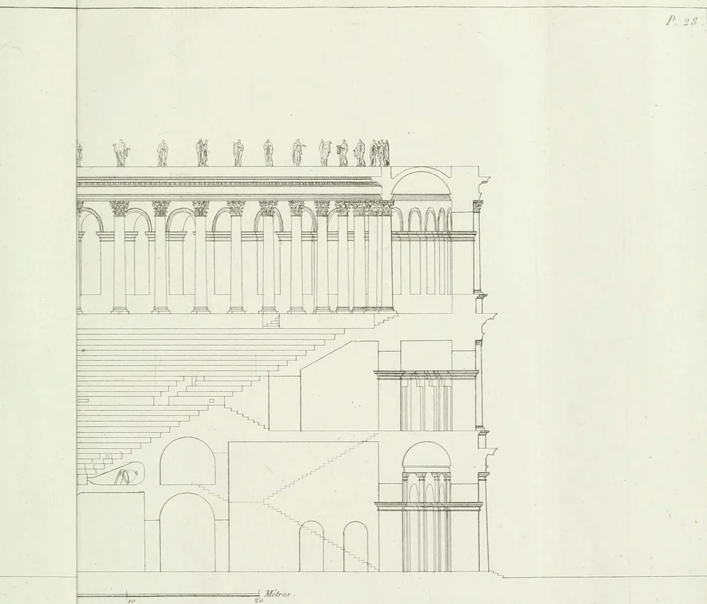 An illustration from Description du Théâtre de Marcellus, à Rome, rétabli dans son état primitif, daprès les vestiges qui en restent encore : mémoire joint aux plans, coupes, élévations et détails mesurés à Rome, addressés à lAcademie royale darchitecture de Paris, 1812, leaf 62