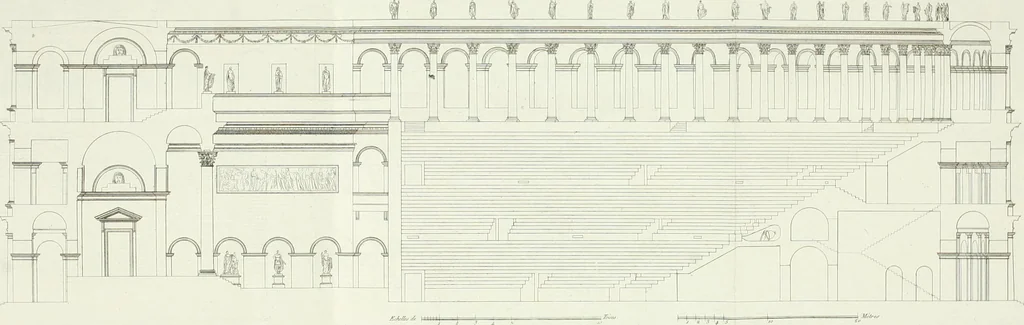 An illustration from Description du Théâtre de Marcellus, à Rome, rétabli dans son état primitif, daprès les vestiges qui en restent encore : mémoire joint aux plans, coupes, élévations et détails mesurés à Rome, addressés à lAcademie royale darchitecture de Paris, 1812, leaf 63