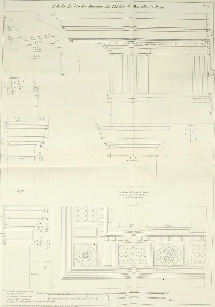 An illustration from Description du Théâtre de Marcellus, à Rome, rétabli dans son état primitif, daprès les vestiges qui en restent encore : mémoire joint aux plans, coupes, élévations et détails mesurés à Rome, addressés à lAcademie royale darchitecture de Paris, 1812, leaf 65