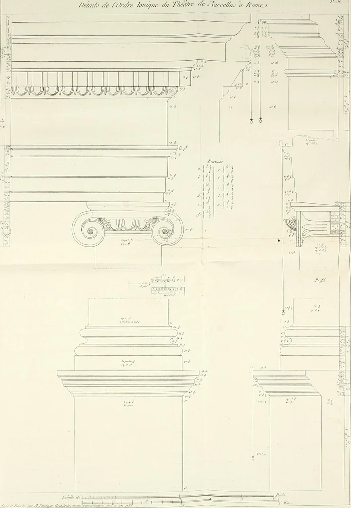 An illustration from Description du Théâtre de Marcellus, à Rome, rétabli dans son état primitif, daprès les vestiges qui en restent encore : mémoire joint aux plans, coupes, élévations et détails mesurés à Rome, addressés à lAcademie royale darchitecture de Paris, 1812, leaf 67
