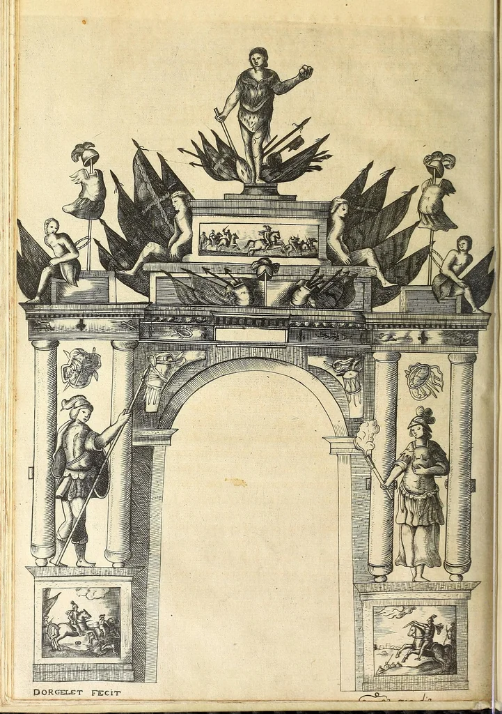 An illustration from Description et interpretation des portiques erigés a l'entrée de tres-hault et tres-puissant prince Louis de Bourbon, prince de Condé, premier prince du sang, duc d'Angeuien, Chasteaux-Roux, Albret, Mont-Morency, &c., gouverneur & lieutenant general pour Sa Majesté, és prouinces de Bourgongne, Bresse, & Berry, en la ville de Dijon le 6. mars 1648 : accompagnés des figures & arcz de triomphe, 1650, leaf 114