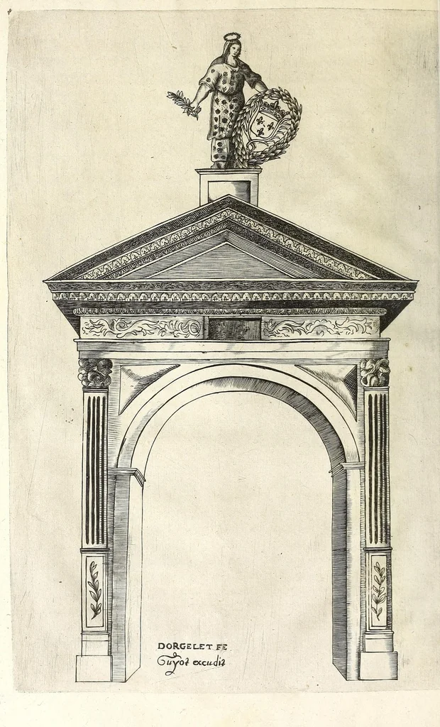 An illustration from Description et interpretation des portiques erigés a l'entrée de tres-hault et tres-puissant prince Louis de Bourbon, prince de Condé, premier prince du sang, duc d'Angeuien, Chasteaux-Roux, Albret, Mont-Morency, &c., gouverneur & lieutenant general pour Sa Majesté, és prouinces de Bourgongne, Bresse, & Berry, en la ville de Dijon le 6. mars 1648 : accompagnés des figures & arcz de triomphe, 1650, leaf 54