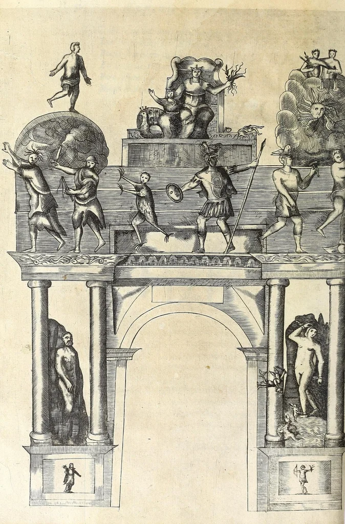 An illustration from Description et interpretation des portiques erigés a l'entrée de tres-hault et tres-puissant prince Louis de Bourbon, prince de Condé, premier prince du sang, duc d'Angeuien, Chasteaux-Roux, Albret, Mont-Morency, &c., gouverneur & lieutenant general pour Sa Majesté, és prouinces de Bourgongne, Bresse, & Berry, en la ville de Dijon le 6. mars 1648 : accompagnés des figures & arcz de triomphe, 1650, leaf 74