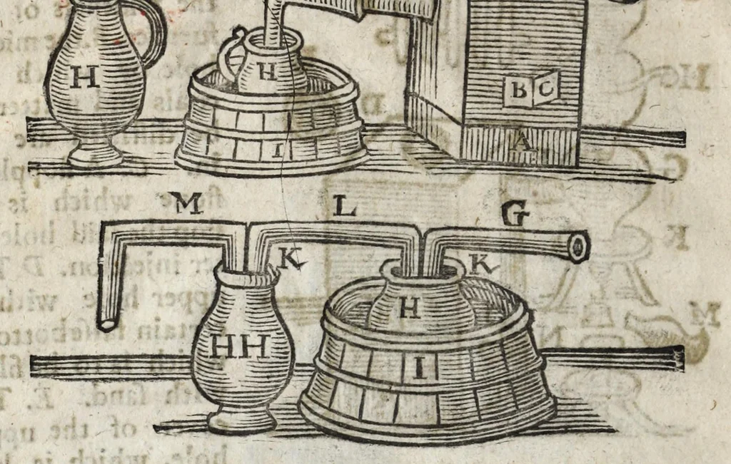 An illustration from A description of new philosophical furnaces, or, A new art of distilling, divided into five parts : whereunto is added a description of the tincture of gold, or the true aurum potabile : also the first part of the mineral work : set forth and published for the sakes of them that are studious of the truth, 1651, leaf 24