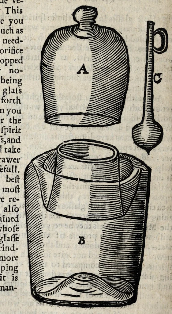 An illustration from A description of new philosophical furnaces, or, A new art of distilling, divided into five parts : whereunto is added a description of the tincture of gold, or the true aurum potabile : also the first part of the mineral work : set forth and published for the sakes of them that are studious of the truth, 1651, leaf 340