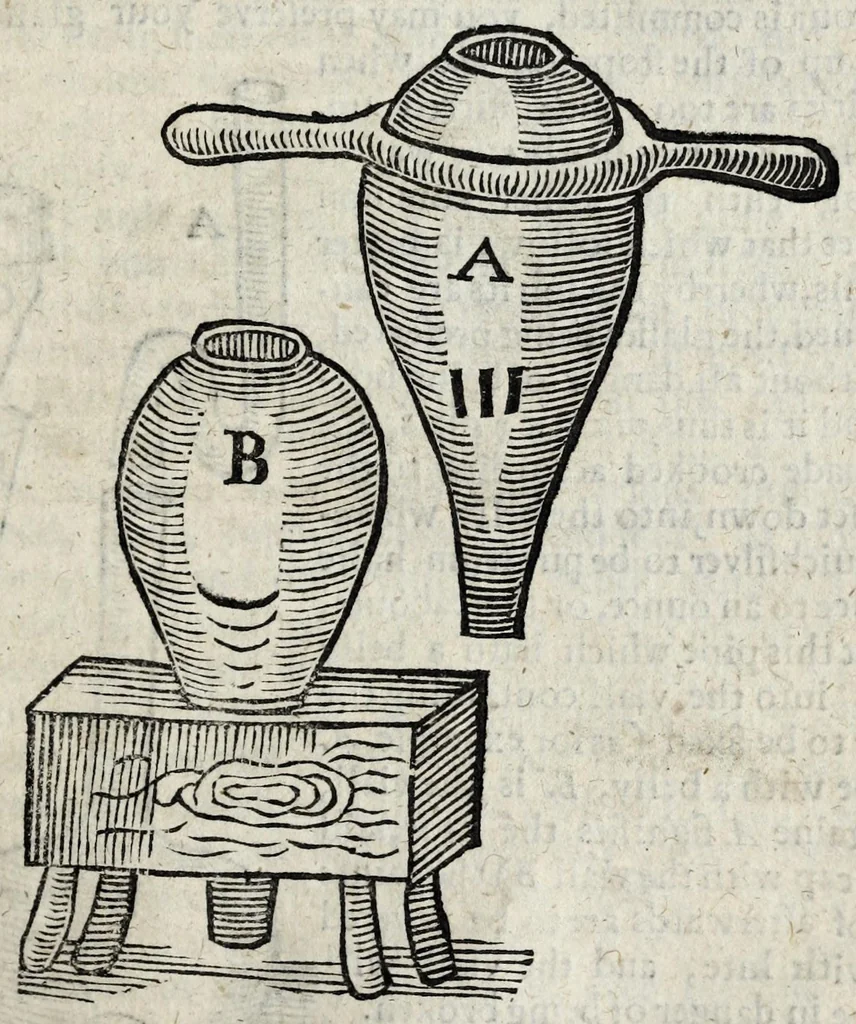 An illustration from A description of new philosophical furnaces, or, A new art of distilling, divided into five parts : whereunto is added a description of the tincture of gold, or the true aurum potabile : also the first part of the mineral work : set forth and published for the sakes of them that are studious of the truth, 1651, leaf 343