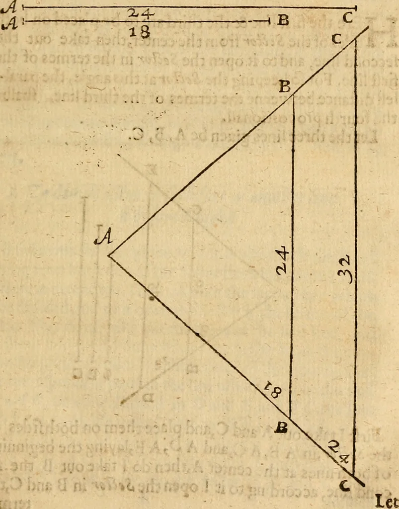 An illustration from The description and use of the sector, crosse-staffe, and other instruments : with a canon of artificiall Sines and Tangents, and the use thereof in astronomie, navigation, dialling and fortification .., 1636, leaf 44