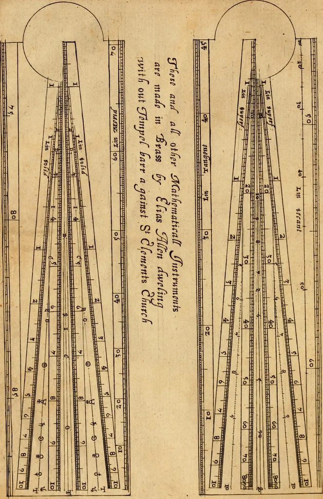 An illustration from The description and use of the sector, crosse-staffe, and other instruments : with a canon of artificiall Sines and Tangents, and the use thereof in astronomie, navigation, dialling and fortification .., 1636, leaf 7