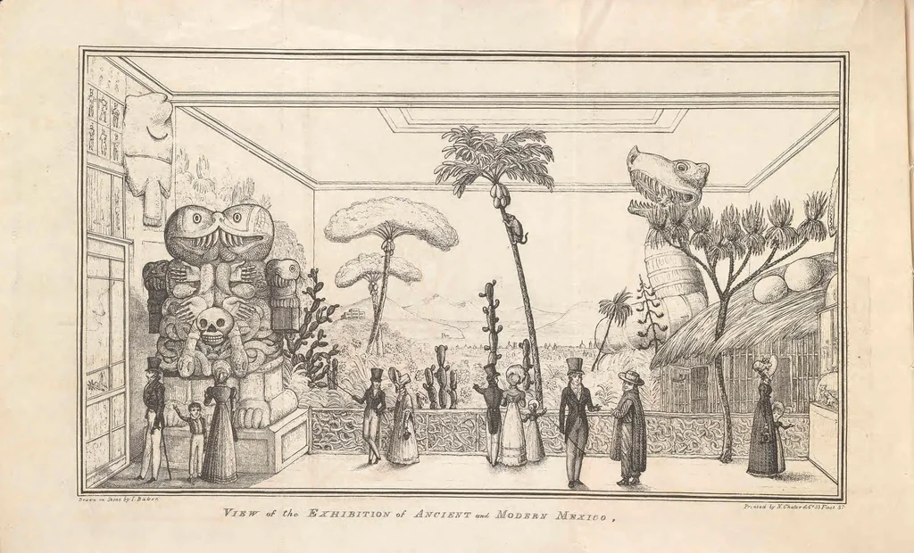 An illustration from A descriptive catalogue of the exhibition, entitled Ancient and Modern Mexico : containing a panoramic view of the present city, specimens of the natural history of New Spain : models of its vegetable produce, habitations, costume, &c. &c. : and of the colossal and enormous idols, the great calendar and sacrificial stones, temples, pyramids, and other existing antique remains : the whole forming the rationally instructive and interesting exhibition, which is now open for public inspection, at the Egyptian Hall, Piccadilly, 1824, leaf 4