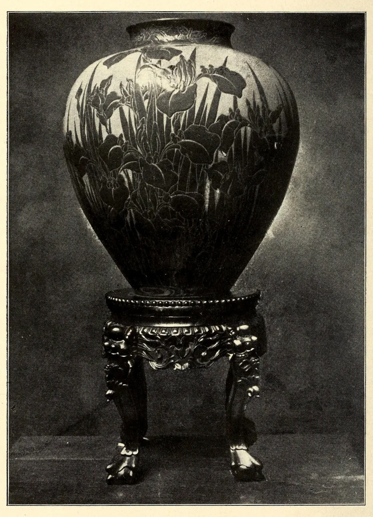 An illustration from Descriptive catalogue of an important keramic collection of Japanese and Chinese pottery, porcelain, bronzes, lacquers, brocade, prints, embroideries, kakemono, screens, ethnological and buddhist objects selected by Mr. Bunkio Matsuki of Kobe, Japan, and Boston, 1898, leaf 24