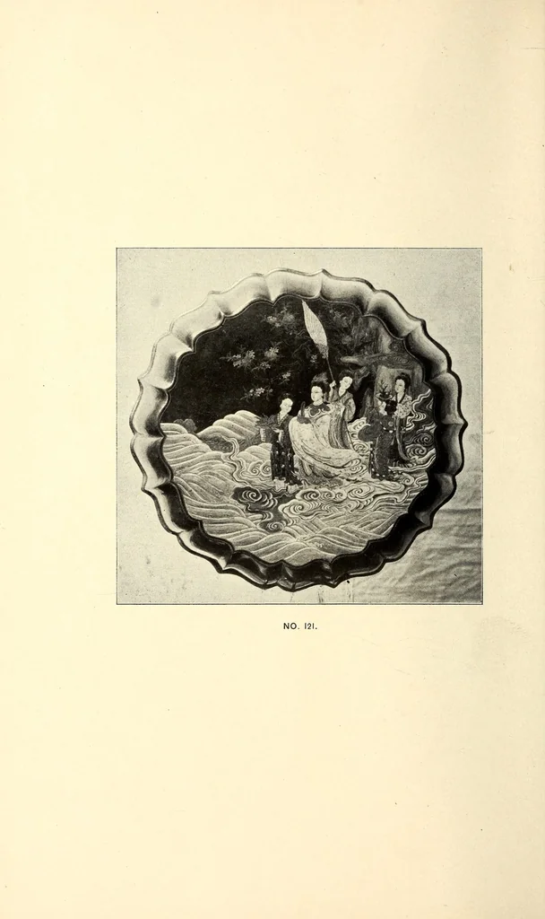 An illustration from Descriptive catalogue of an important keramic collection of Japanese and Chinese pottery, porcelain, bronzes, lacquers, brocade, prints, embroideries, kakemono, screens, ethnological and buddhist objects selected by Mr. Bunkio Matsuki of Kobe, Japan, and Boston, 1898, leaf 32