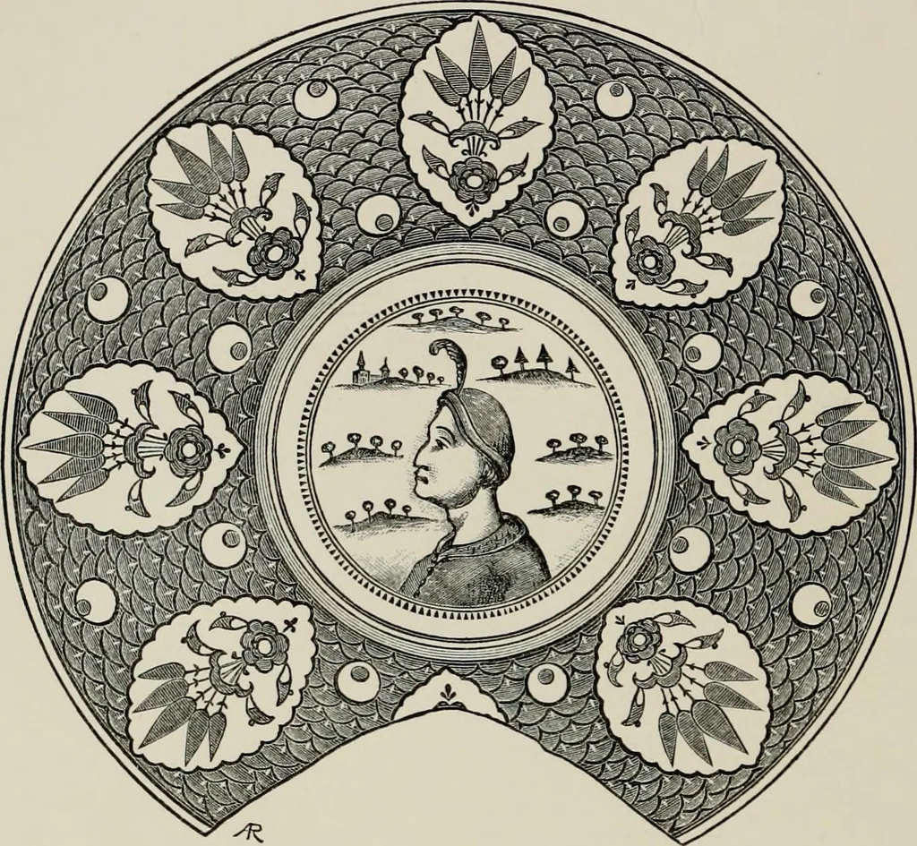 An illustration from A descriptive catalogue of the maiolica, Hispano-Moresco, Persian, Damascus, and Rhodian wares in the South Kensington Museum : with historical notes, marks, & monograms, 1873, leaf 130