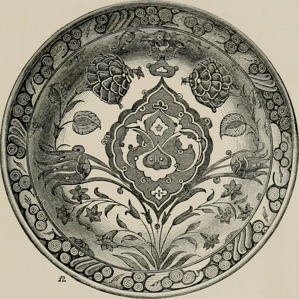 An illustration from A descriptive catalogue of the maiolica, Hispano-Moresco, Persian, Damascus, and Rhodian wares in the South Kensington Museum : with historical notes, marks, & monograms, 1873, leaf 155
