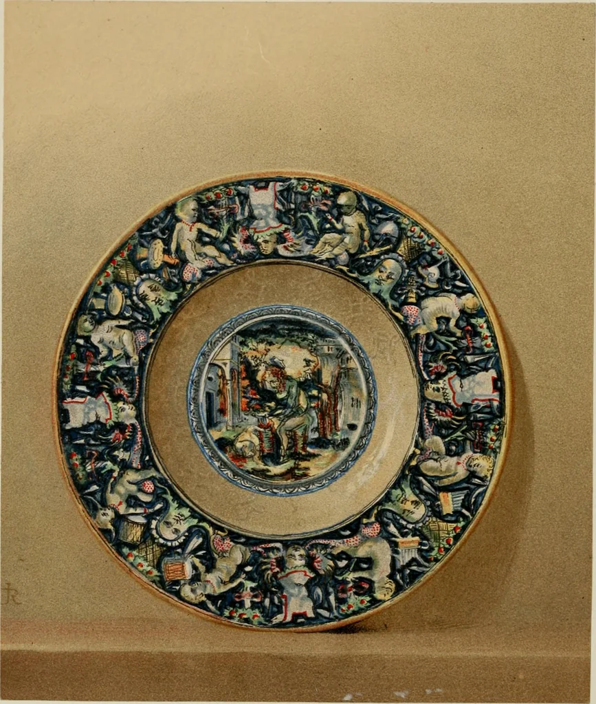 An illustration from A descriptive catalogue of the maiolica, Hispano-Moresco, Persian, Damascus, and Rhodian wares in the South Kensington Museum : with historical notes, marks, & monograms, 1873, leaf 264