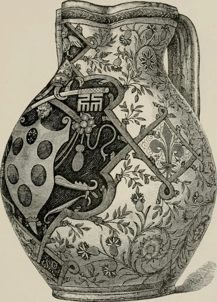 An illustration from A descriptive catalogue of the maiolica, Hispano-Moresco, Persian, Damascus, and Rhodian wares in the South Kensington Museum : with historical notes, marks, & monograms, 1873, leaf 267