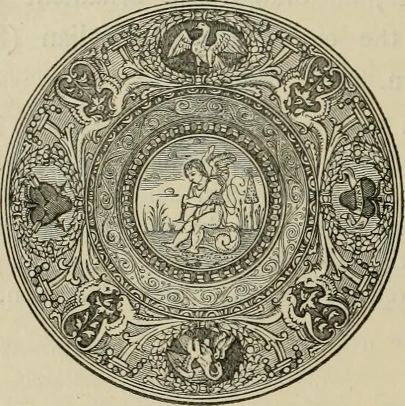 An illustration from A descriptive catalogue of the maiolica, Hispano-Moresco, Persian, Damascus, and Rhodian wares in the South Kensington Museum : with historical notes, marks, & monograms, 1873, leaf 296