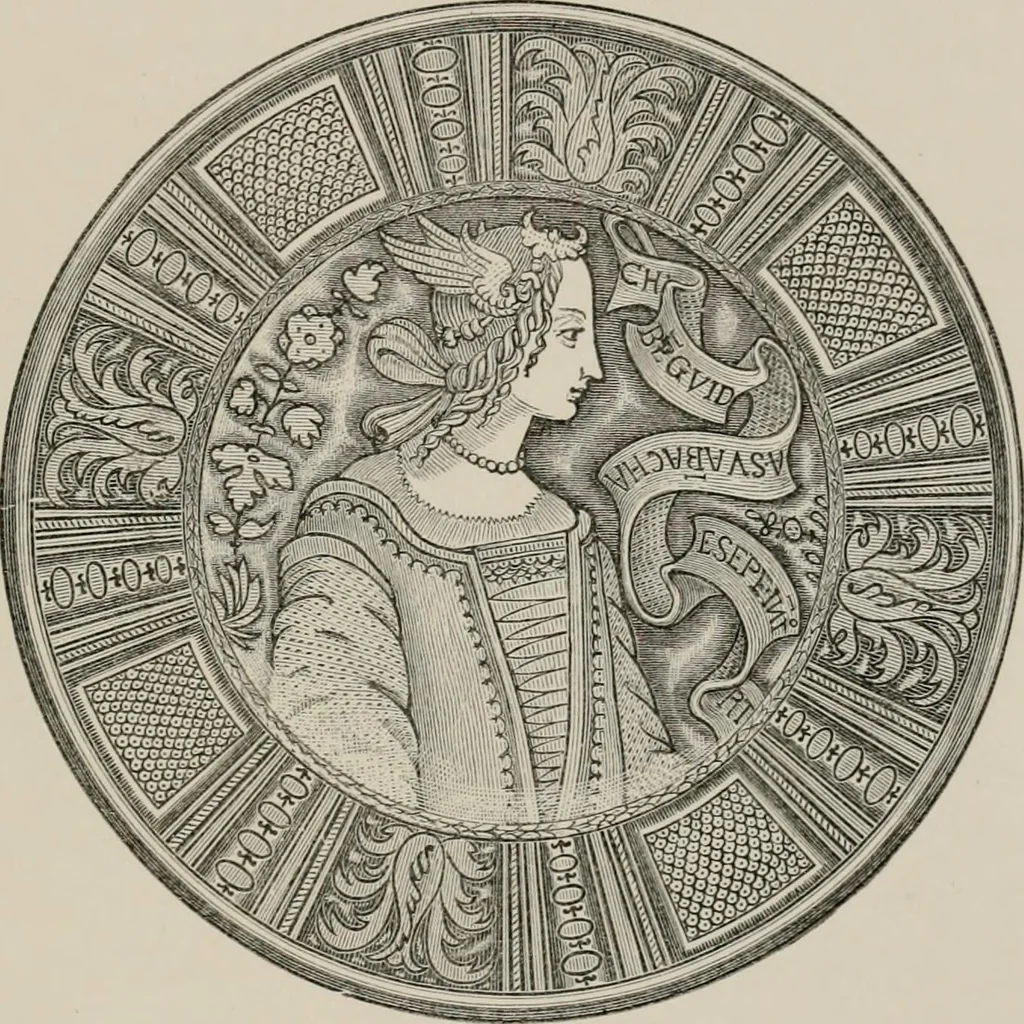 An illustration from A descriptive catalogue of the maiolica, Hispano-Moresco, Persian, Damascus, and Rhodian wares in the South Kensington Museum : with historical notes, marks, & monograms, 1873, leaf 375