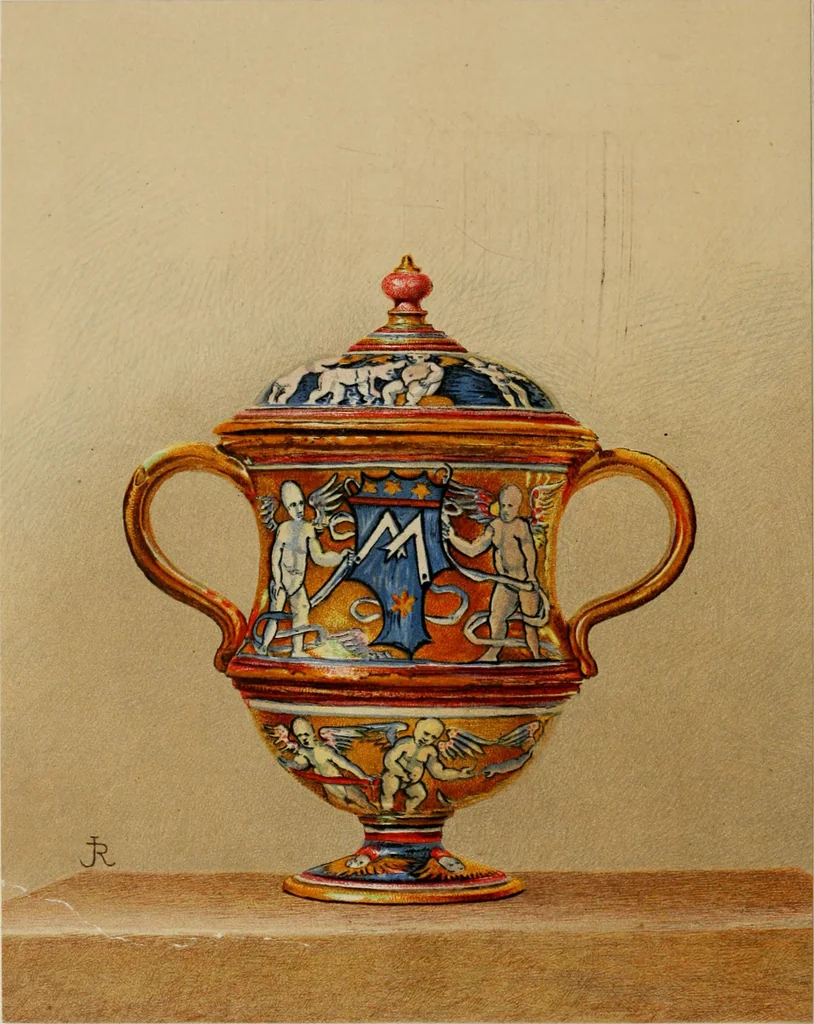 An illustration from A descriptive catalogue of the maiolica, Hispano-Moresco, Persian, Damascus, and Rhodian wares in the South Kensington Museum : with historical notes, marks, & monograms, 1873, leaf 408