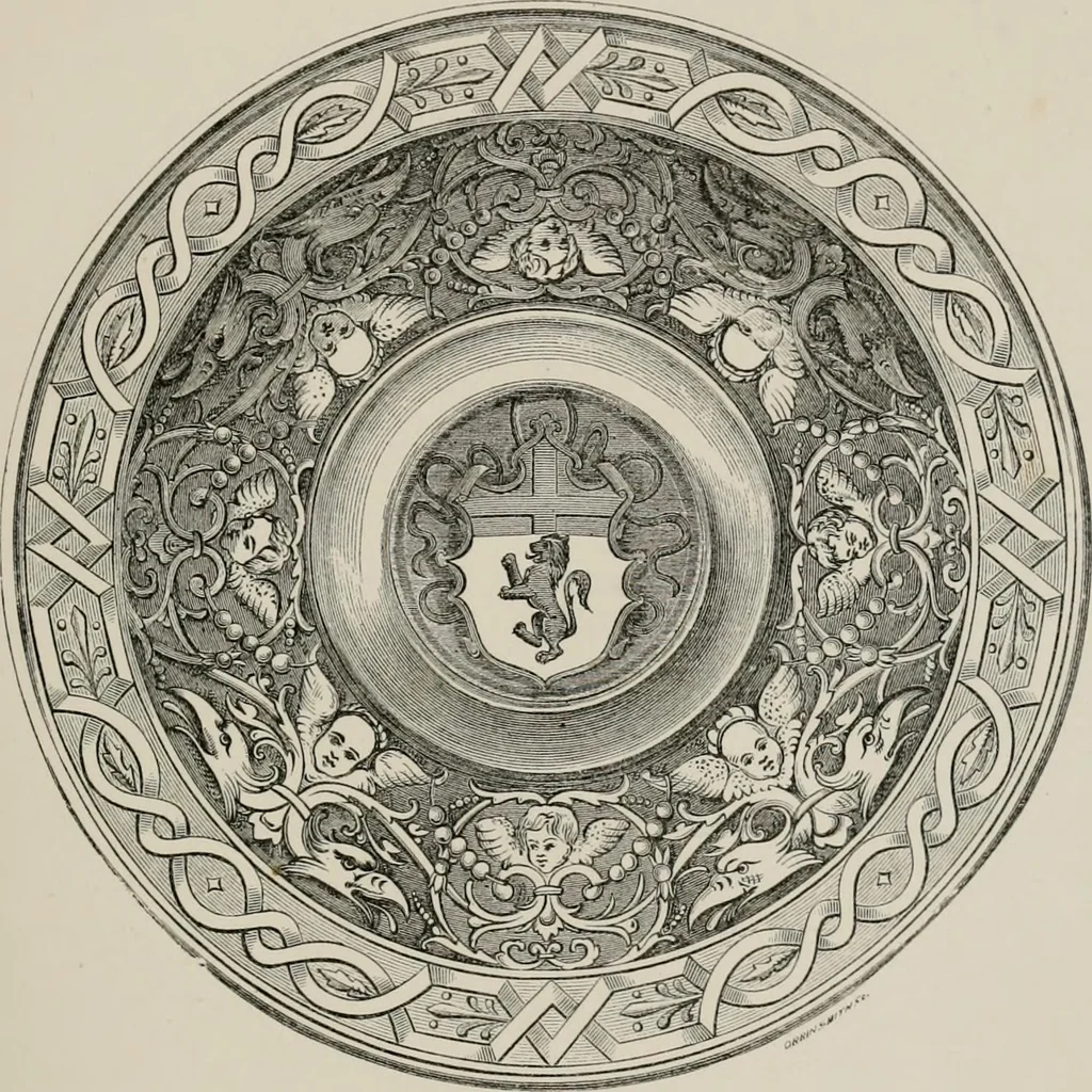 An illustration from A descriptive catalogue of the maiolica, Hispano-Moresco, Persian, Damascus, and Rhodian wares in the South Kensington Museum : with historical notes, marks, & monograms, 1873, leaf 421