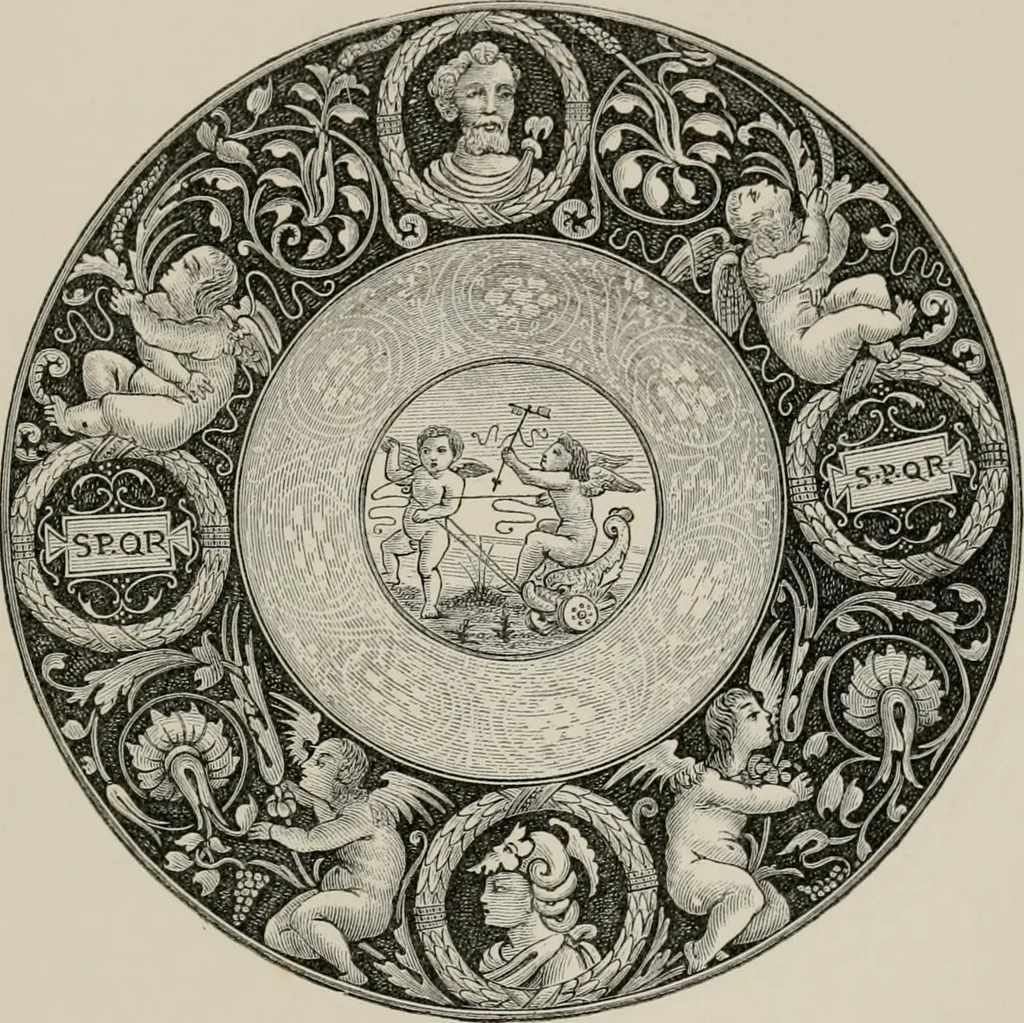 An illustration from A descriptive catalogue of the maiolica, Hispano-Moresco, Persian, Damascus, and Rhodian wares in the South Kensington Museum : with historical notes, marks, & monograms, 1873, leaf 485