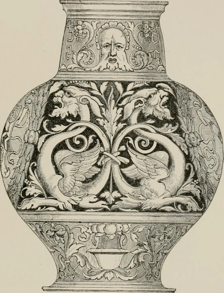 An illustration from A descriptive catalogue of the maiolica, Hispano-Moresco, Persian, Damascus, and Rhodian wares in the South Kensington Museum : with historical notes, marks, & monograms, 1873, leaf 489