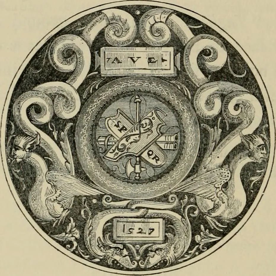 An illustration from A descriptive catalogue of the maiolica, Hispano-Moresco, Persian, Damascus, and Rhodian wares in the South Kensington Museum : with historical notes, marks, & monograms, 1873, leaf 496