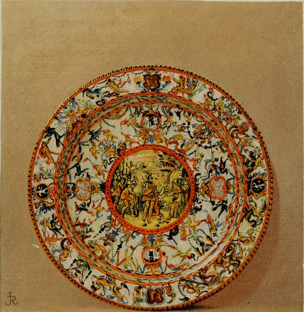 An illustration from A descriptive catalogue of the maiolica, Hispano-Moresco, Persian, Damascus, and Rhodian wares in the South Kensington Museum : with historical notes, marks, & monograms, 1873, leaf 575