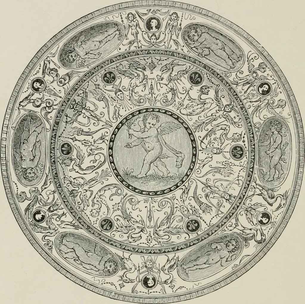 An illustration from A descriptive catalogue of the maiolica, Hispano-Moresco, Persian, Damascus, and Rhodian wares in the South Kensington Museum : with historical notes, marks, & monograms, 1873, leaf 606