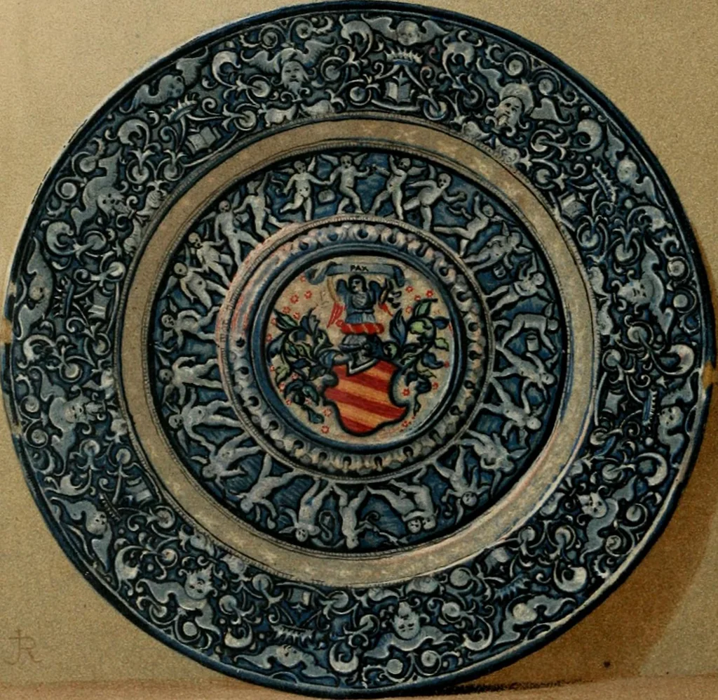 An illustration from A descriptive catalogue of the maiolica, Hispano-Moresco, Persian, Damascus, and Rhodian wares in the South Kensington Museum : with historical notes, marks, & monograms, 1873, leaf 712