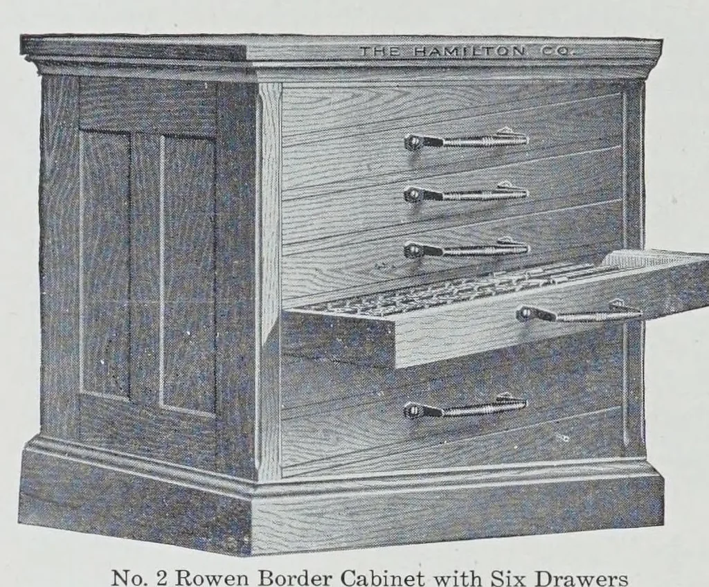 An illustration from Descriptive catalogue and price list of wood furniture, cylinder presses and job presses, cutters, die presses, punching machinery, stitching and sewing machines, paging and numbering machines, scoring and perforating machines, and all supplies for the printer, bookbinder, and all allied trades, 1910, leaf 46