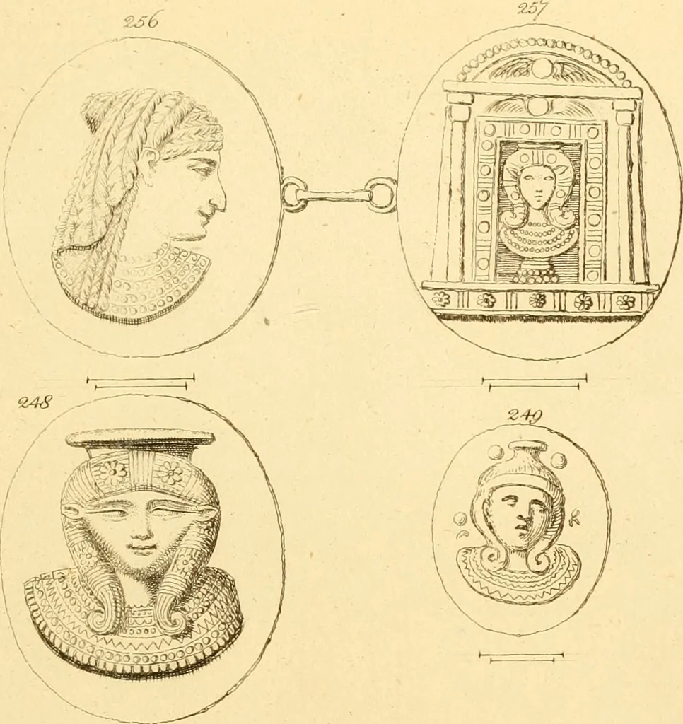 An illustration from A descriptive catalogue of a general collection of ancient and modern engraved gems, cameos as well as intaglios : taken from the most celebrated cabinets in Europe ; and cast in coloured pastes, white enamel, and sulphur, 1791, leaf 398
