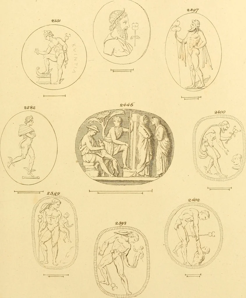 An illustration from A descriptive catalogue of a general collection of ancient and modern engraved gems, cameos as well as intaglios : taken from the most celebrated cabinets in Europe ; and cast in coloured pastes, white enamel, and sulphur, 1791, leaf 444