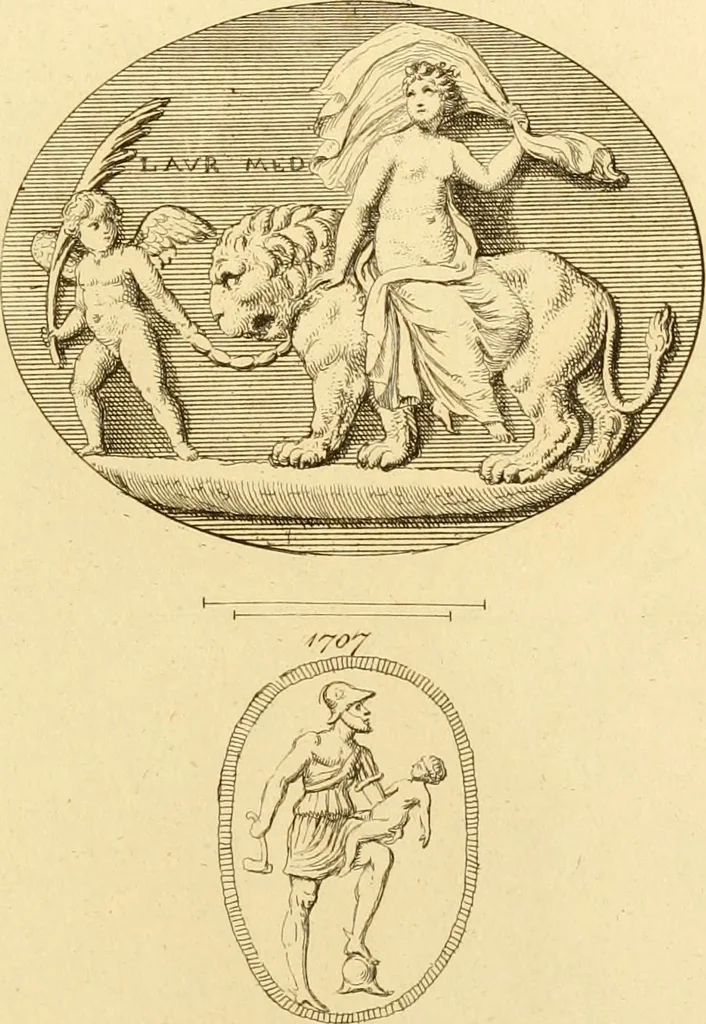 An illustration from A descriptive catalogue of a general collection of ancient and modern engraved gems, cameos as well as intaglios : taken from the most celebrated cabinets in Europe ; and cast in coloured pastes, white enamel, and sulphur, 1791, leaf 466