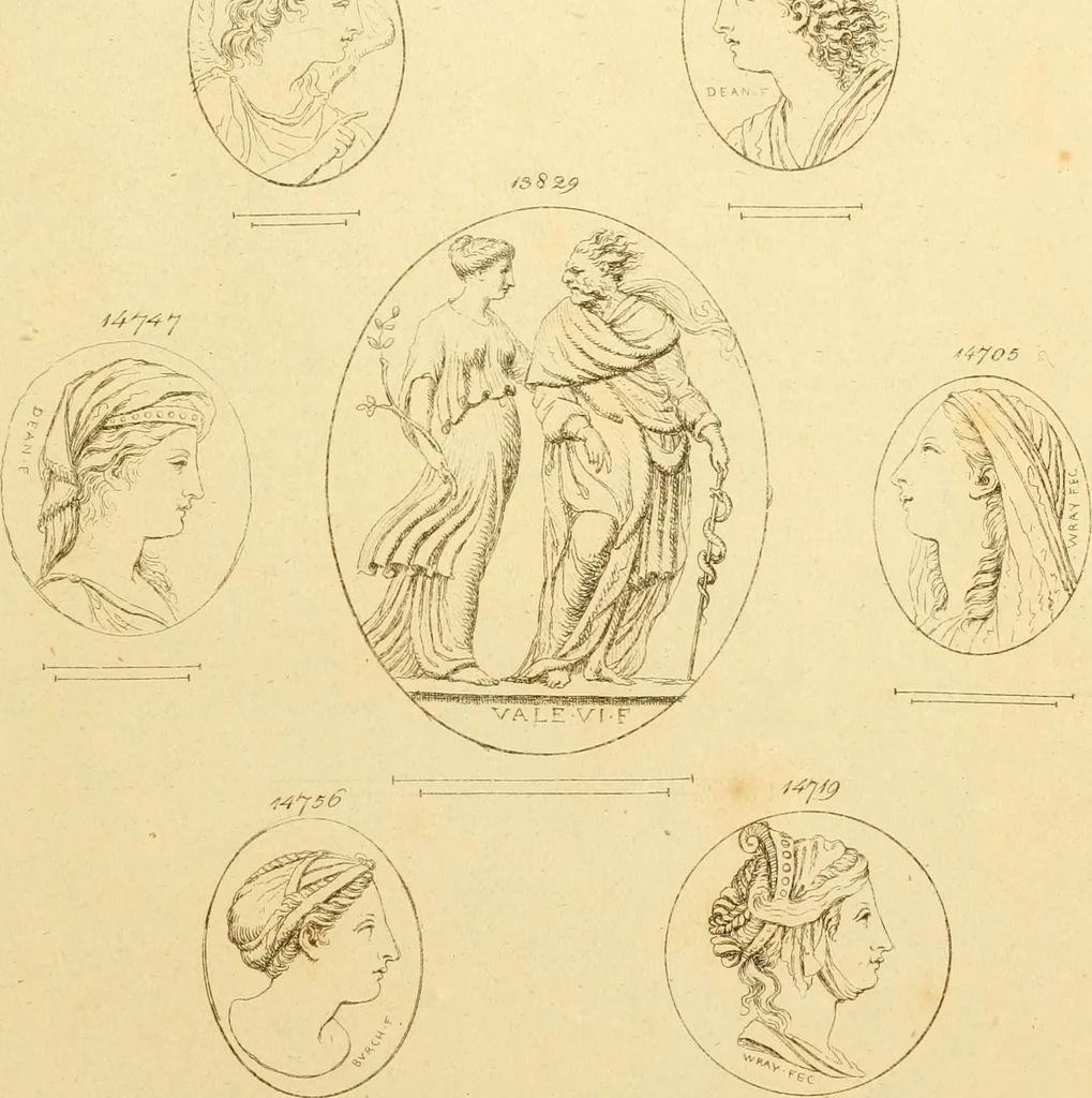 An illustration from A descriptive catalogue of a general collection of ancient and modern engraved gems, cameos as well as intaglios : taken from the most celebrated cabinets in Europe ; and cast in coloured pastes, white enamel, and sulphur, 1791, leaf 498