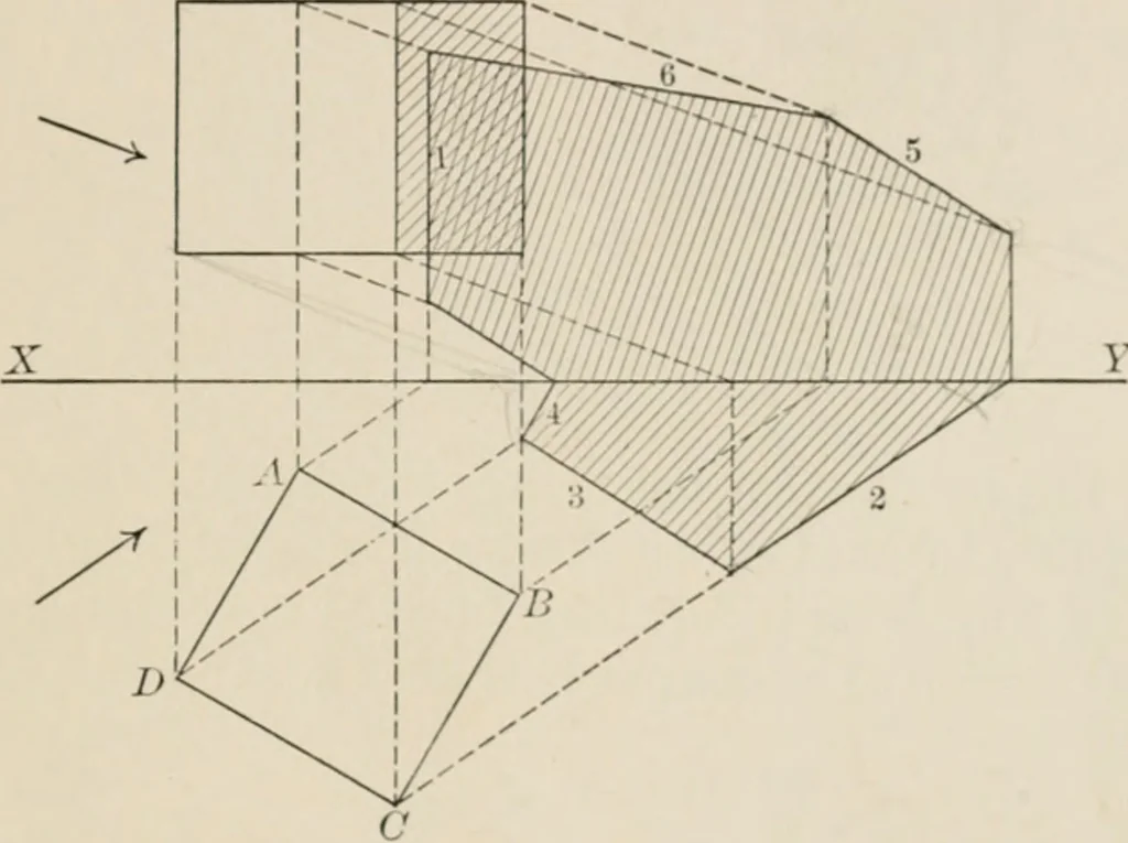 An illustration from Descriptive geometry for students in engineering science and architecture; a carefully graded course of instruction, 1915, leaf 44