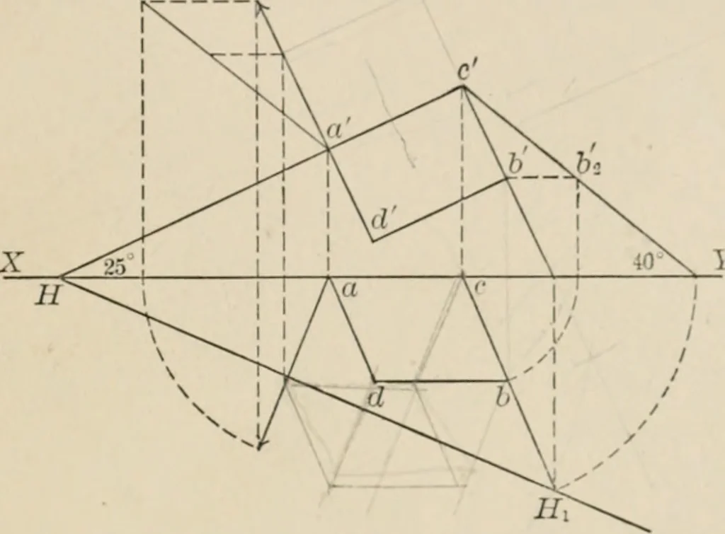 An illustration from Descriptive geometry for students in engineering science and architecture; a carefully graded course of instruction, 1915, leaf 74